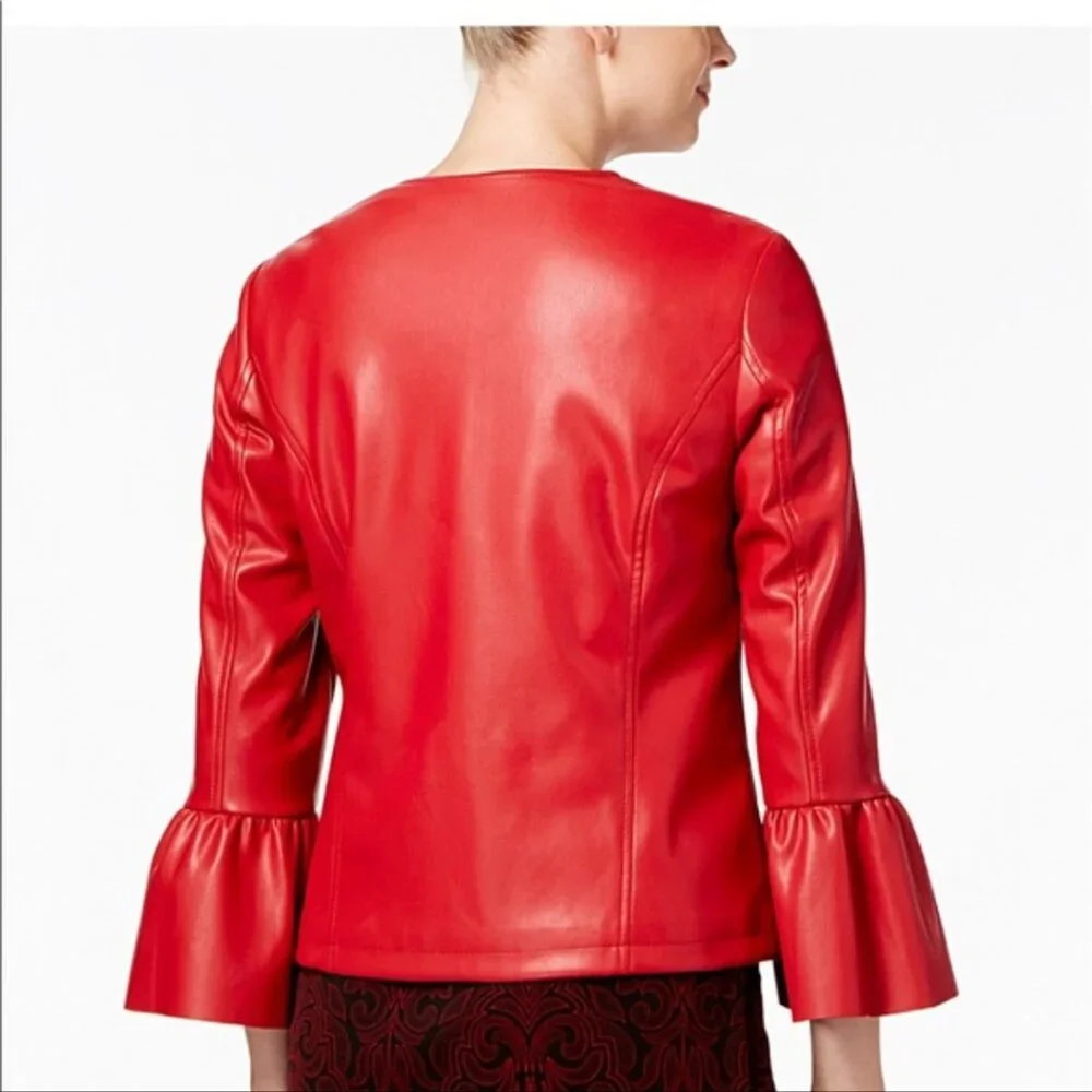 Red Faux Leather Pleather Jacket Collarless Ruffle Sleeve Alfani Petite Medium - Picture 9 of 10